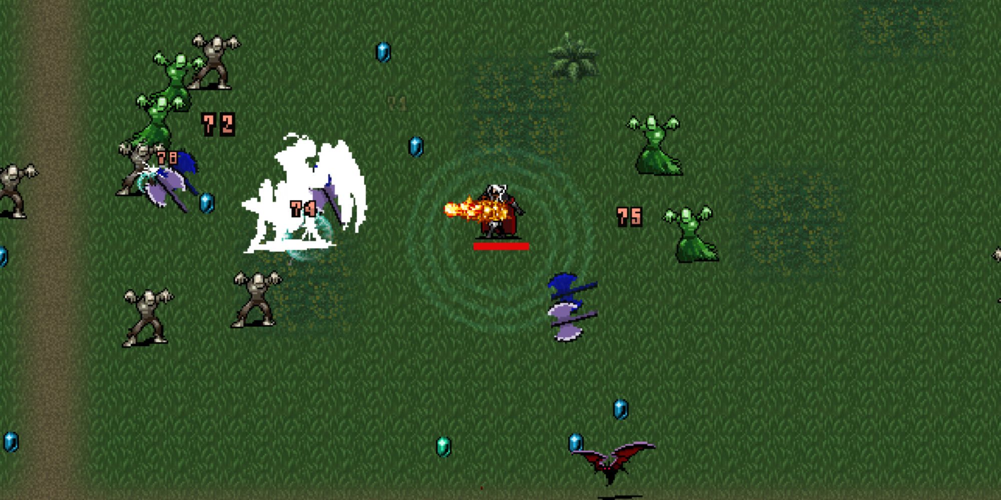 vampire survivors arca attacking a mantis boss with a fire wand on the mad forest level