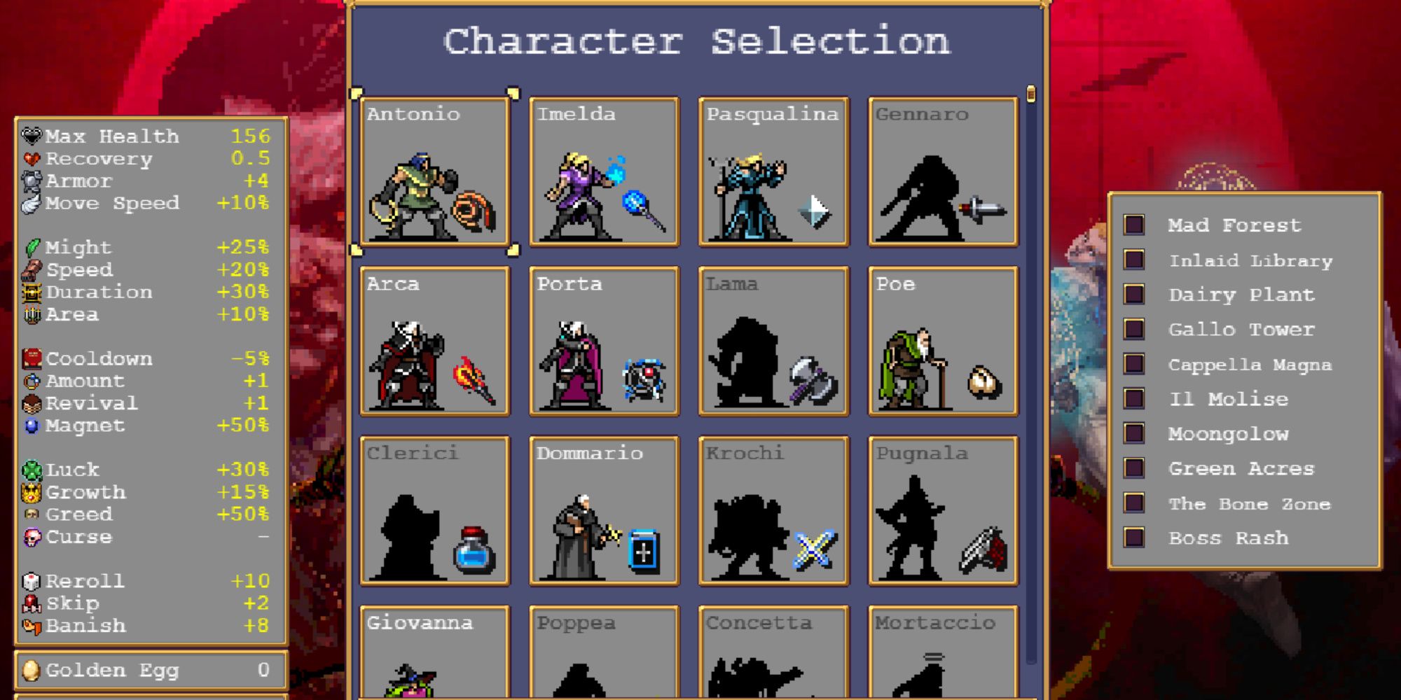 vampire survivors character selection menu from the main menu options