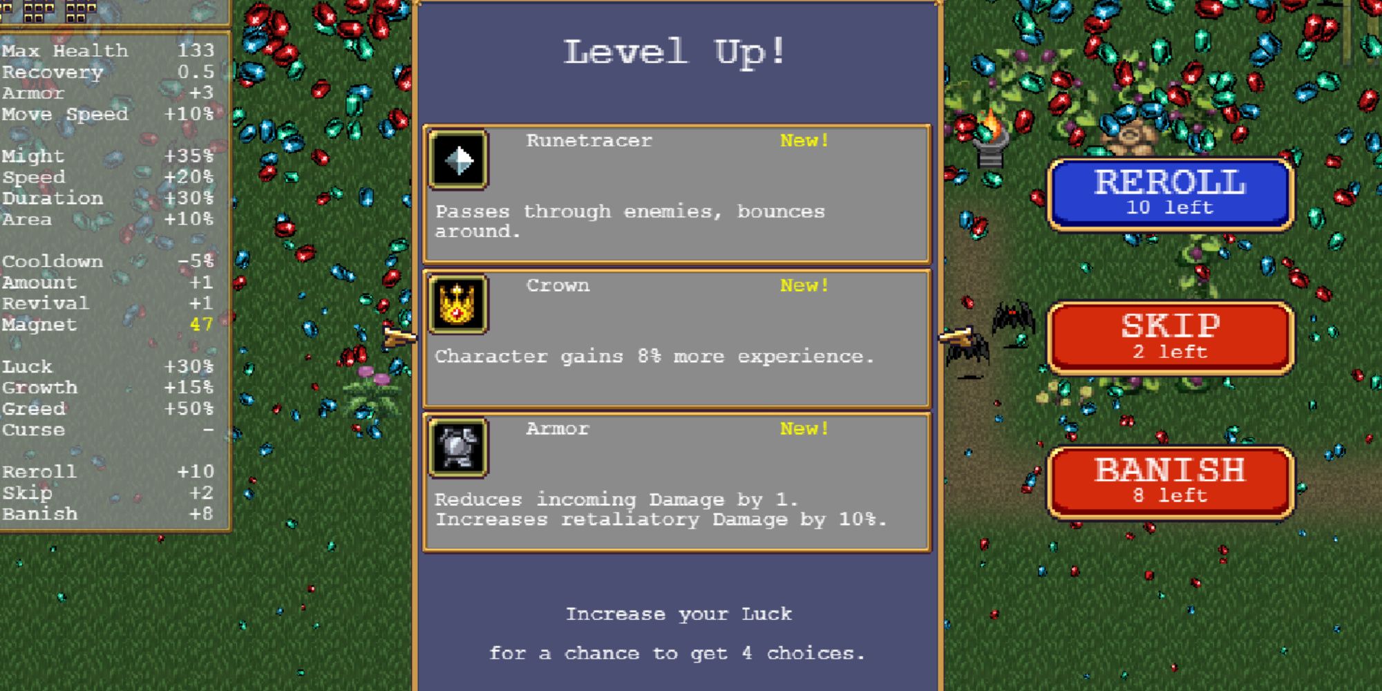 vampire survivors level up menu with crown, armor, and runetracer options