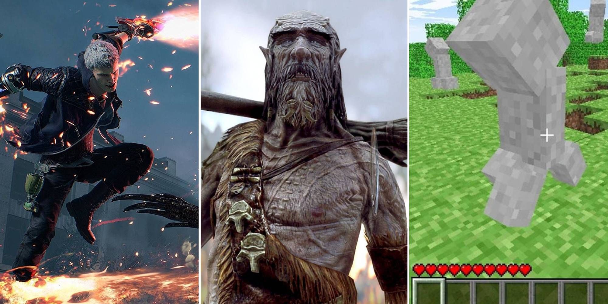 A collage of images from Nero in Devil May Cry, giants from Skyrim and an alpha image of creepers of Minecraft