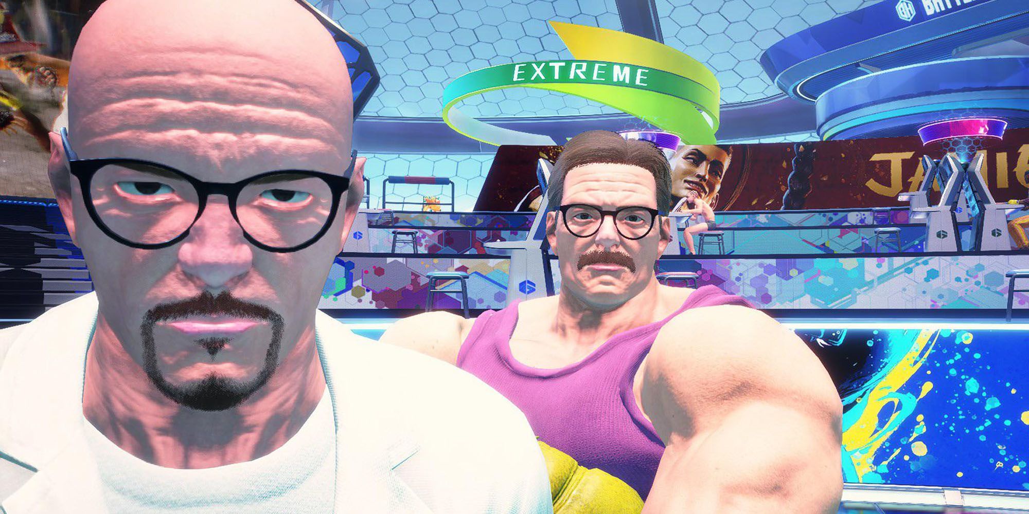 Street Fighter 6 Battle Hub with two custom characters, both based on Walter White from Breaking Bad