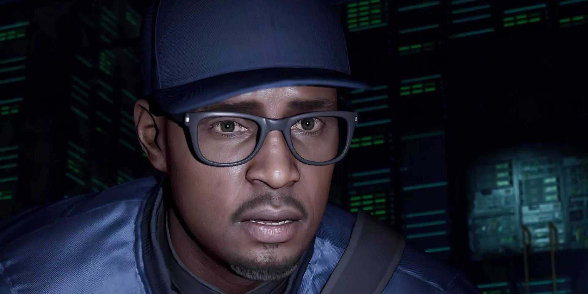 Watch Dogs 2's Marcus Holloway looks worried in the server room