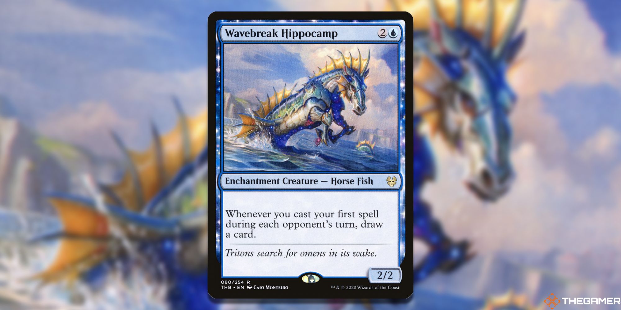     Image of the Wavebreak Hippocamp card in Magic: The Gathering, with artwork by Caio Monteiro