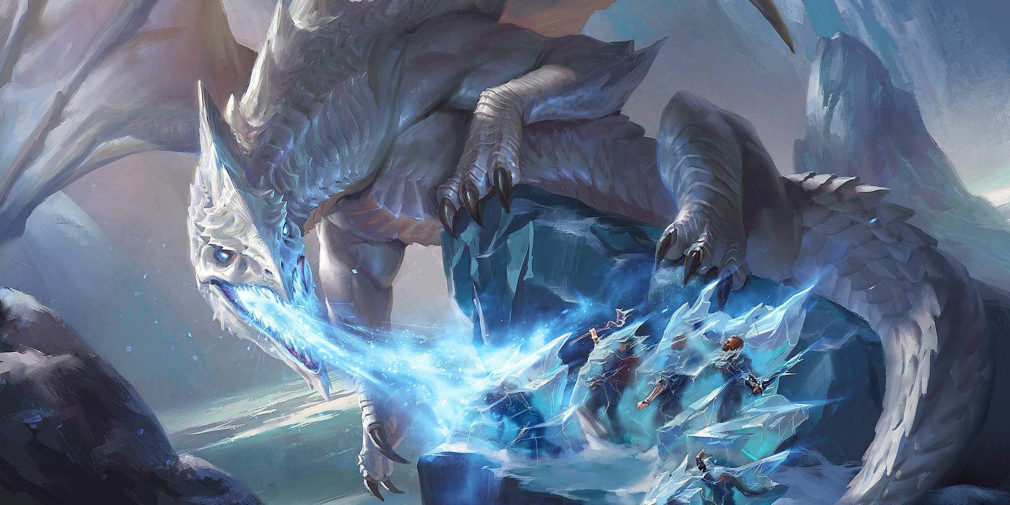 A white scaled dragon unleashes a cold breath on numerous figures at a mountaintop