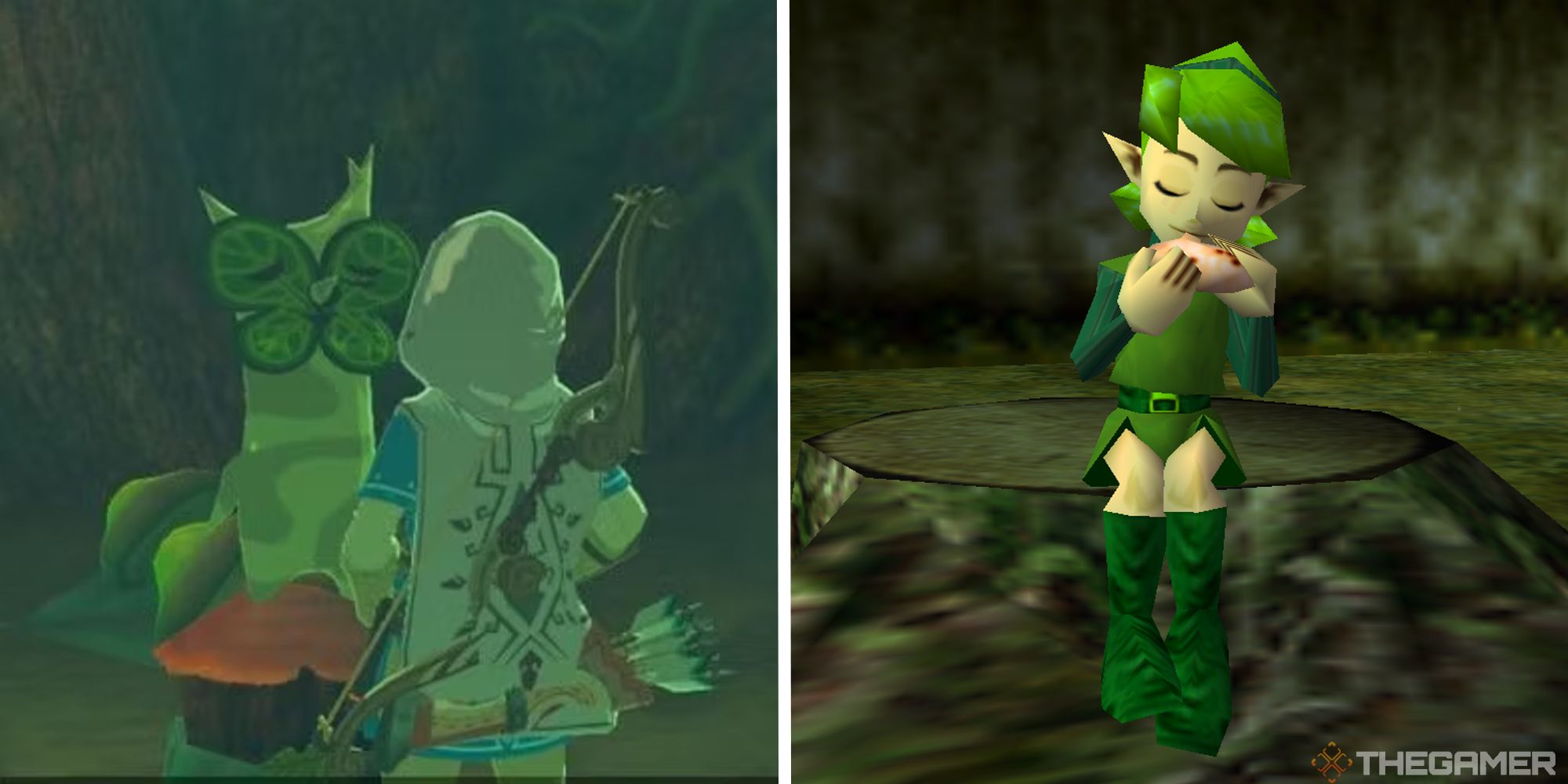 split image showing link talking to a korok, next to image of saria playing the ocarina