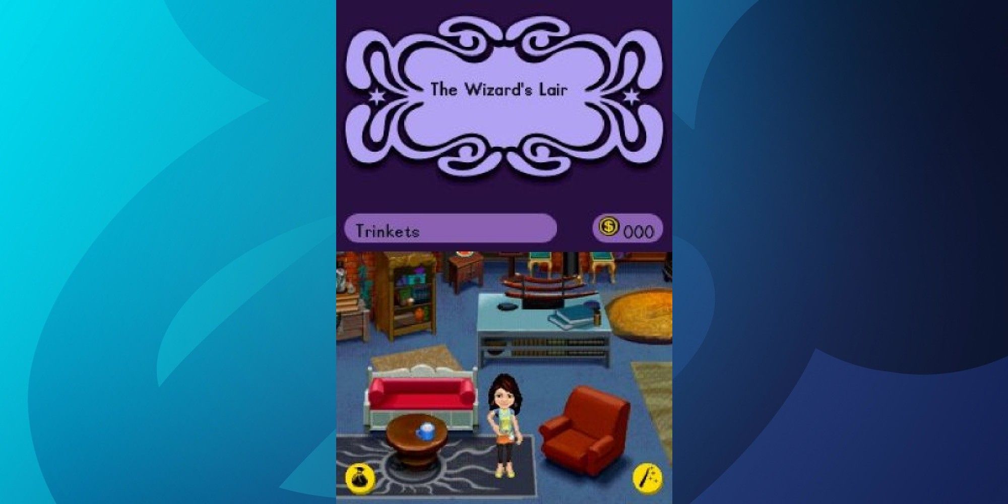 Nintendo DS vertical screenshot showing Alexa standing in The Wizard's Lair