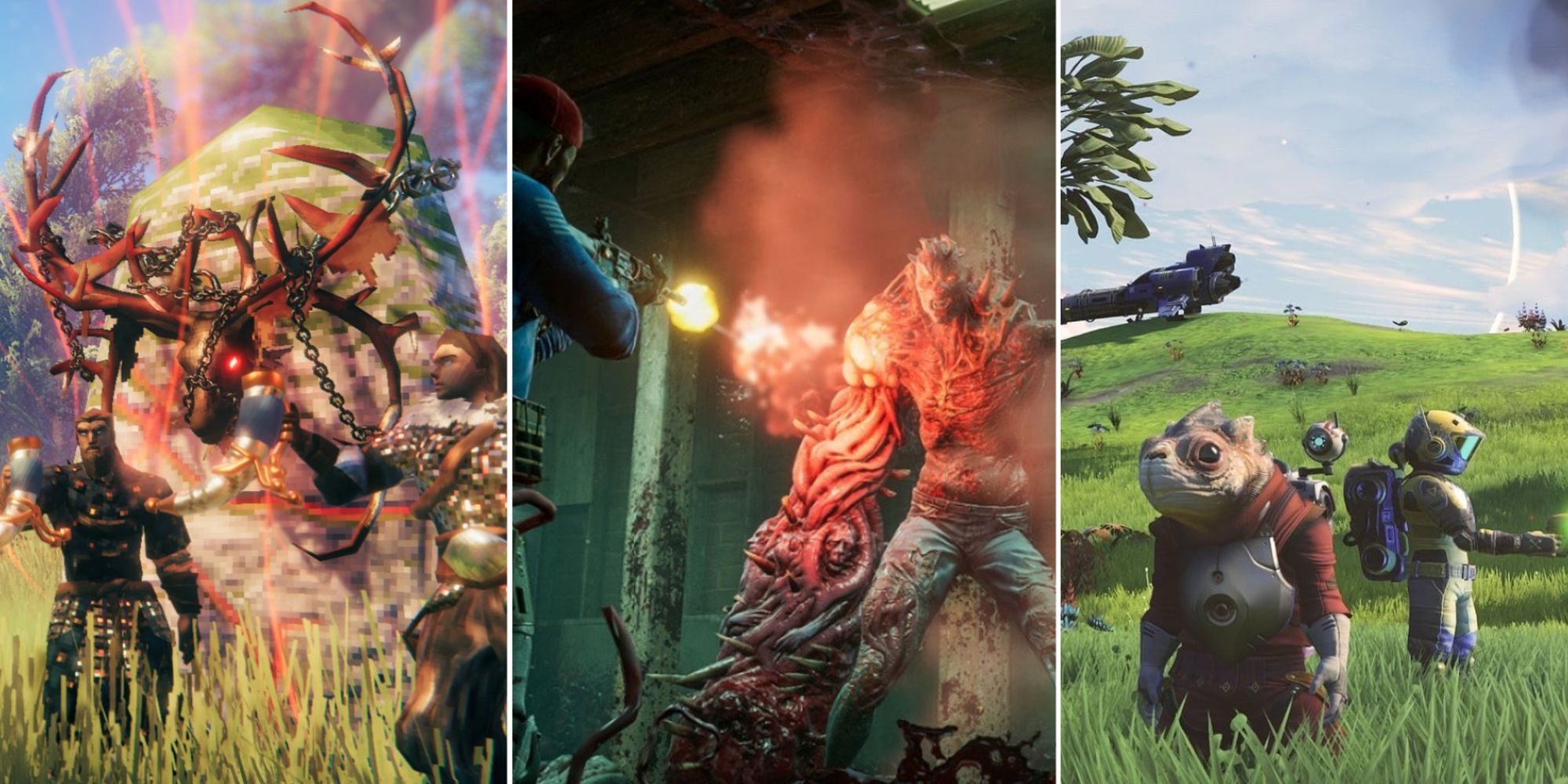 A collage of images featuring two men at a shrine, a man shooting an infected zombie and an alien and other figure on a grassy planet