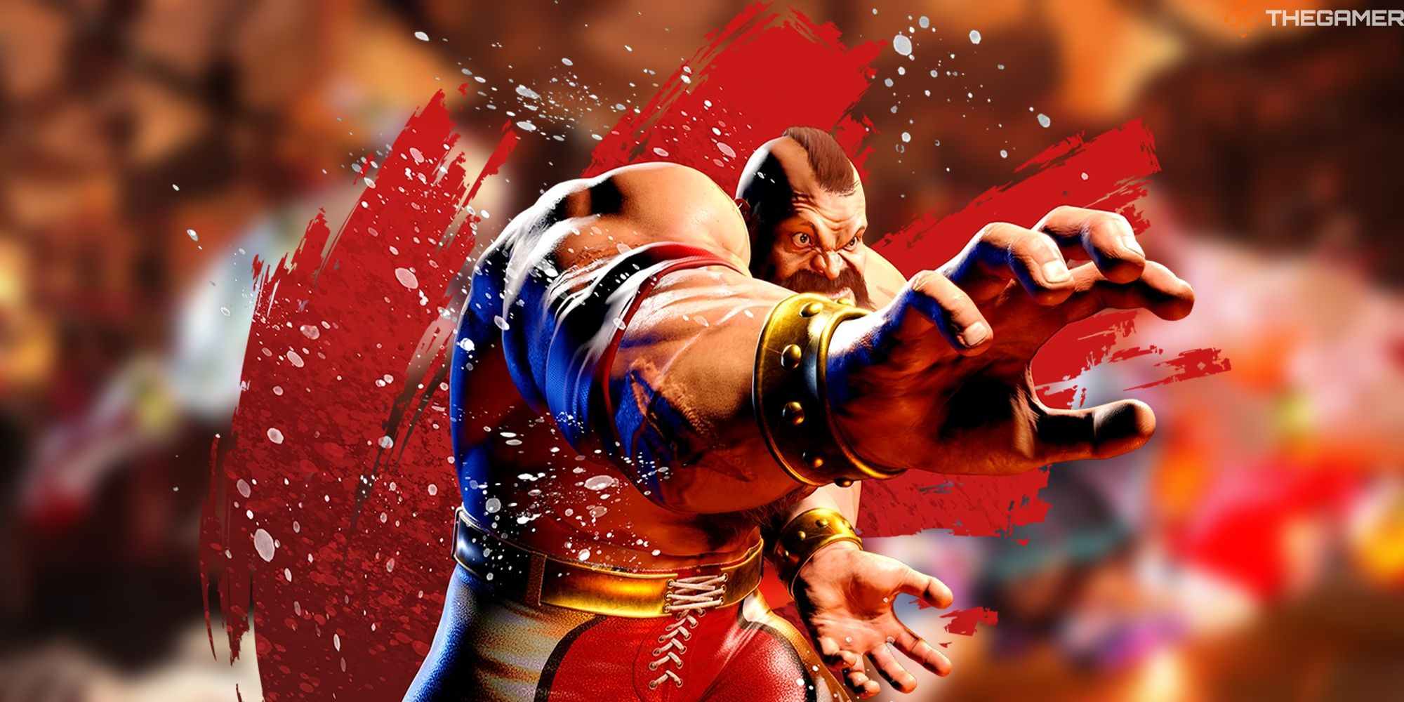 Zangief crouches forward, ready to grapple, while in front of a backdrop of blurred screenshots from Street Fighter 6.