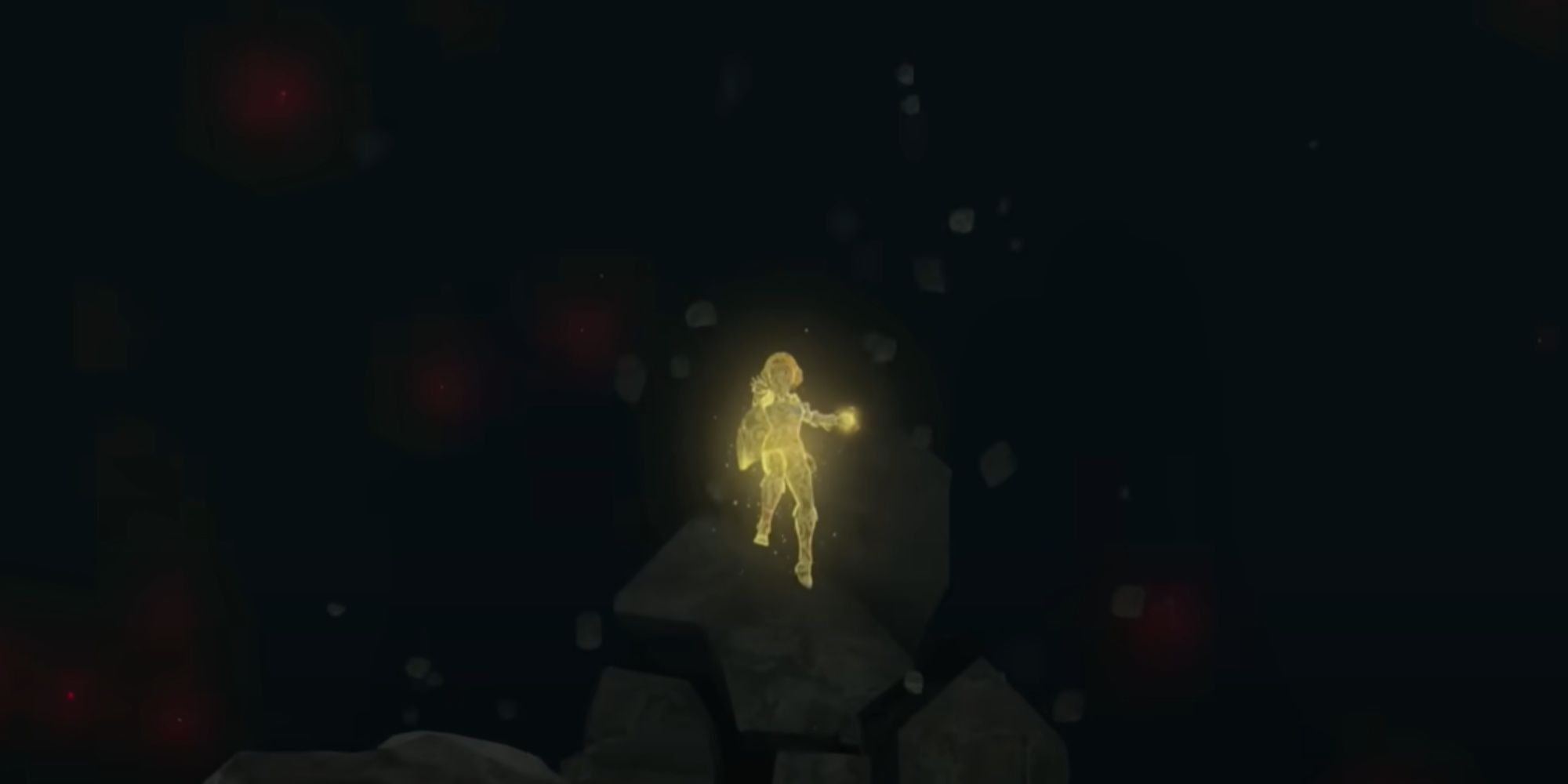 Zelda in the glow of the Secret Stone while falling in Tears of the Realm