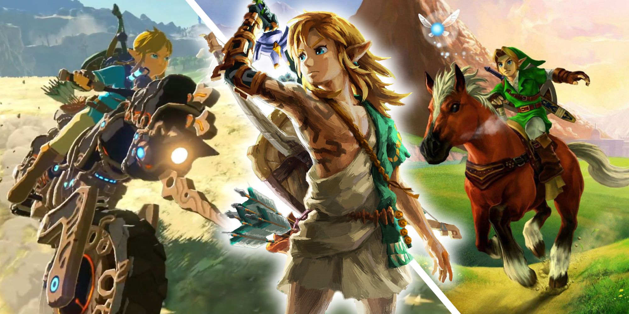 The Legend Of Zelda - Link From Tears Of The Kingdom, Link On The Master Cycle In Breath Of The Wild, And Link On Epona In Ocarina Of Time 3D