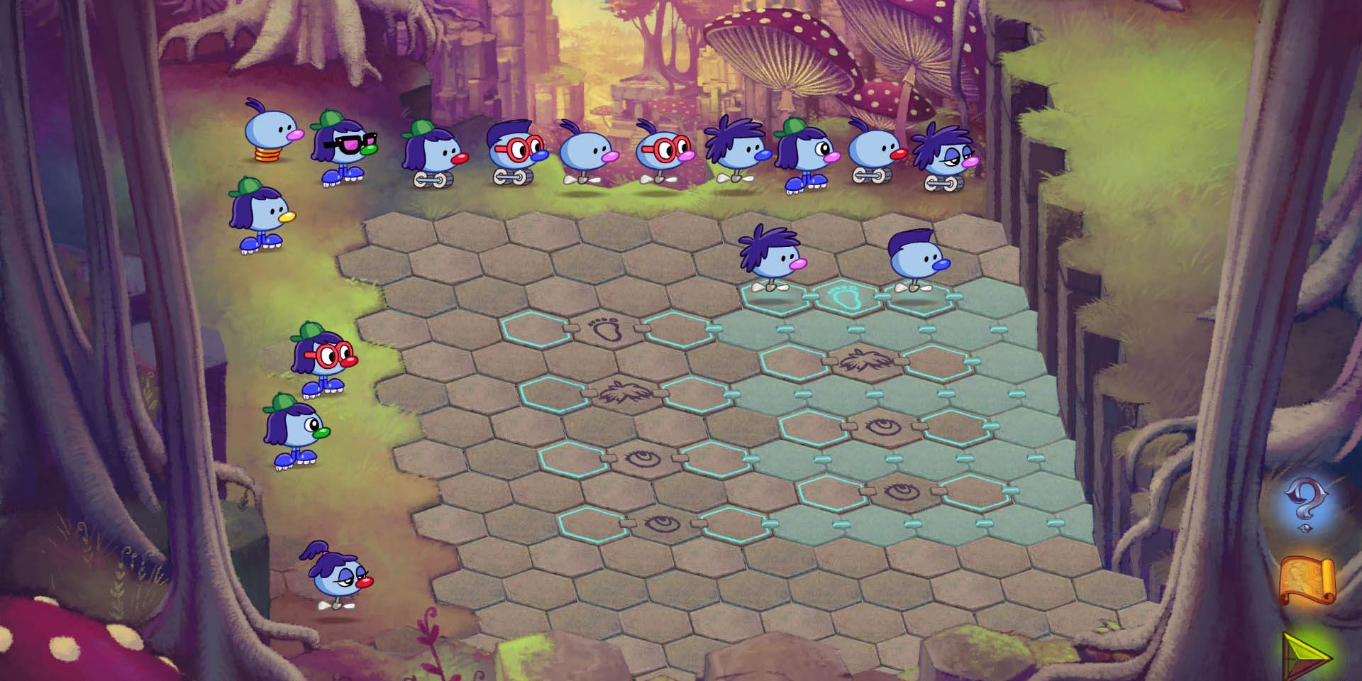 Zoombinis' game in a mushroom forest showing the little creatures solving a rune tile puzzle