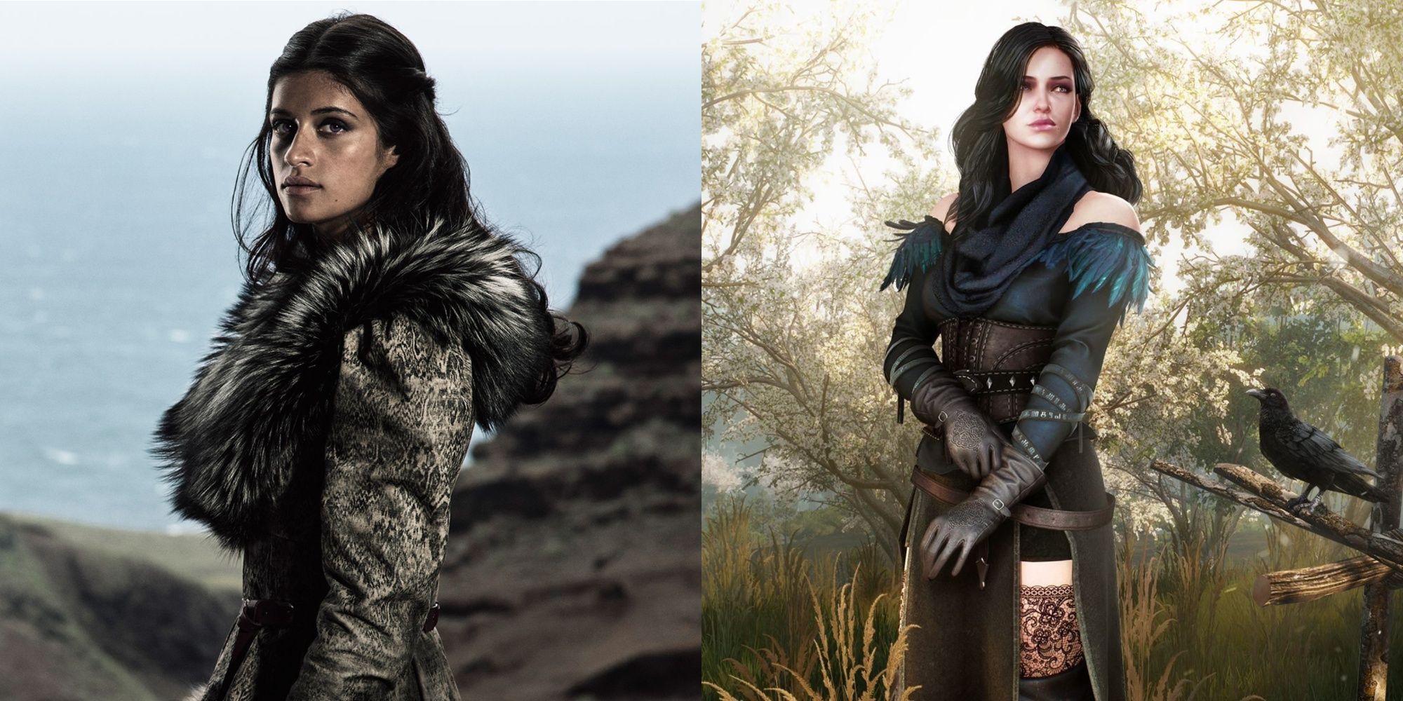 A collage showing the live action Yennefer on the left and the one depicted in The Witcher 3 on the right.