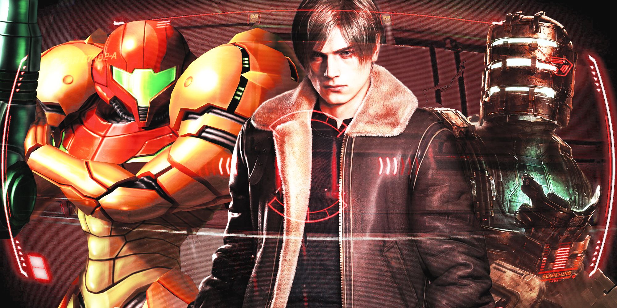 Some of 2023's remake protagonists, featuring Metroid Prime's Samus Aran, Resident Evil 4's Leon S. Kennedy. and Dead Space's Isaac Clarke