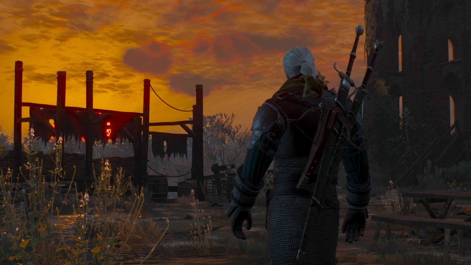 Geralt wanders into an abandoned ruin in Velen.