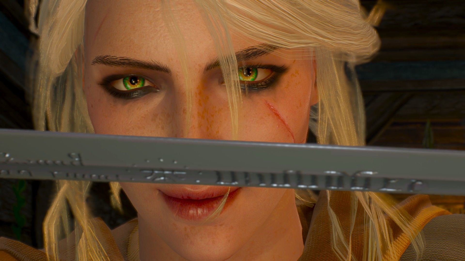 Ciri grins with confidence as she admires her new sword.