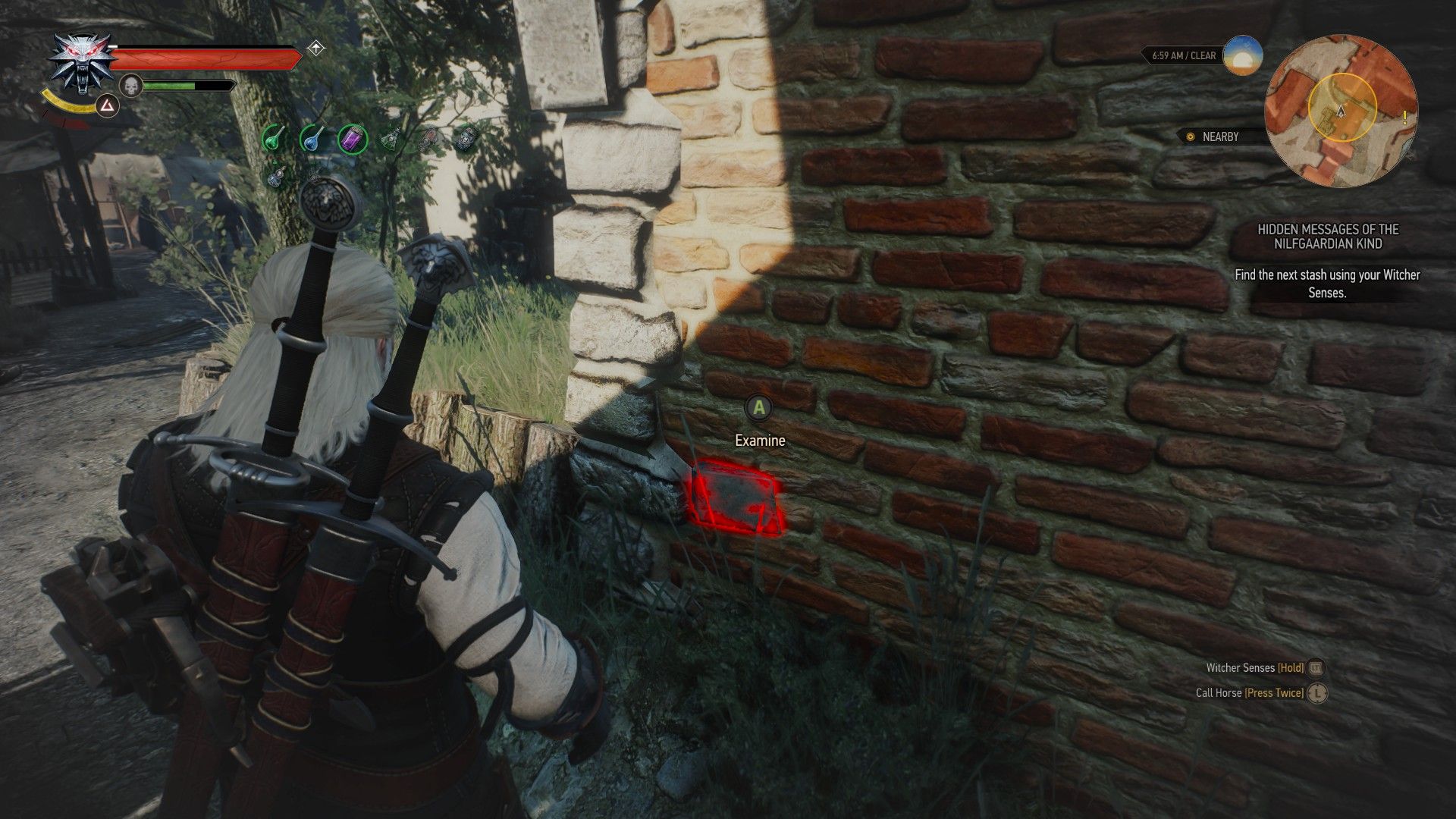 A screenshot of Geralt&rsquo;s Witcher Senses highlighting a brick in red.