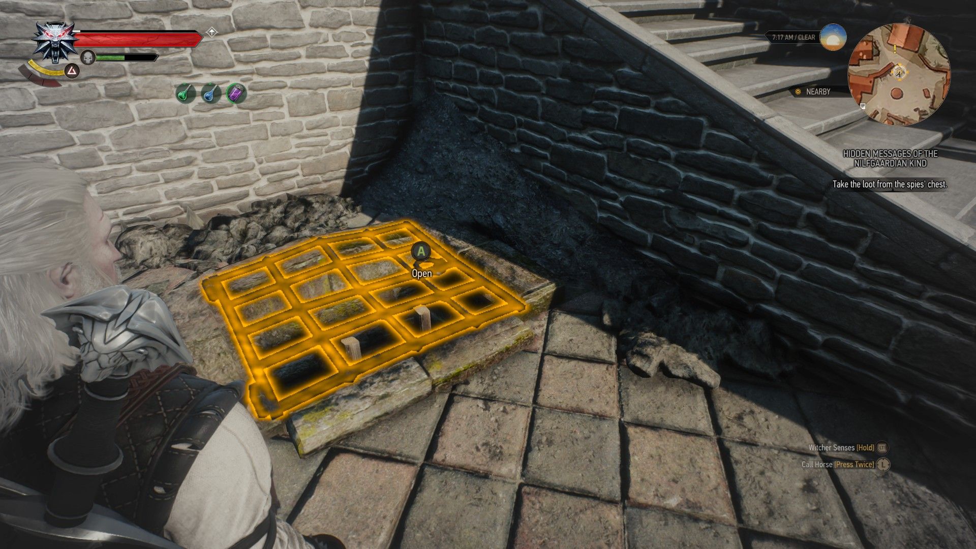 A screenshot of Geralt&rsquo;s Witcher Senses highlighting a grate in yellow.