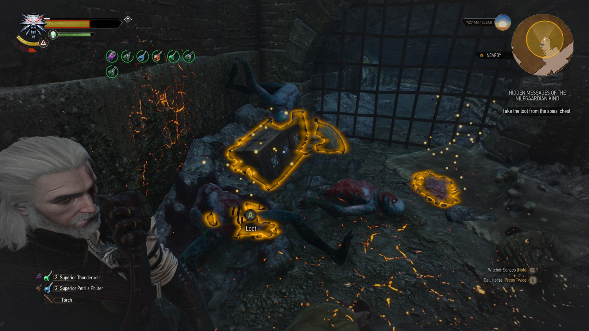 A screenshot of Geralt&rsquo;s Witcher Senses highlighting a chest in yellow.