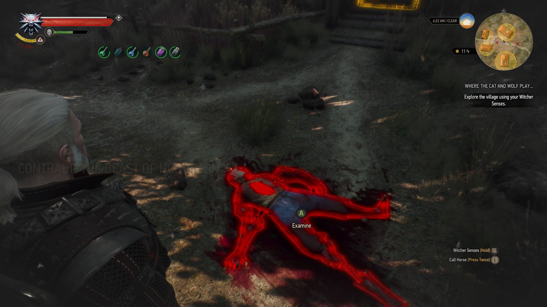 A screenshot of Geralt standing over a corpse highlighted in red with his Witcher Senses.