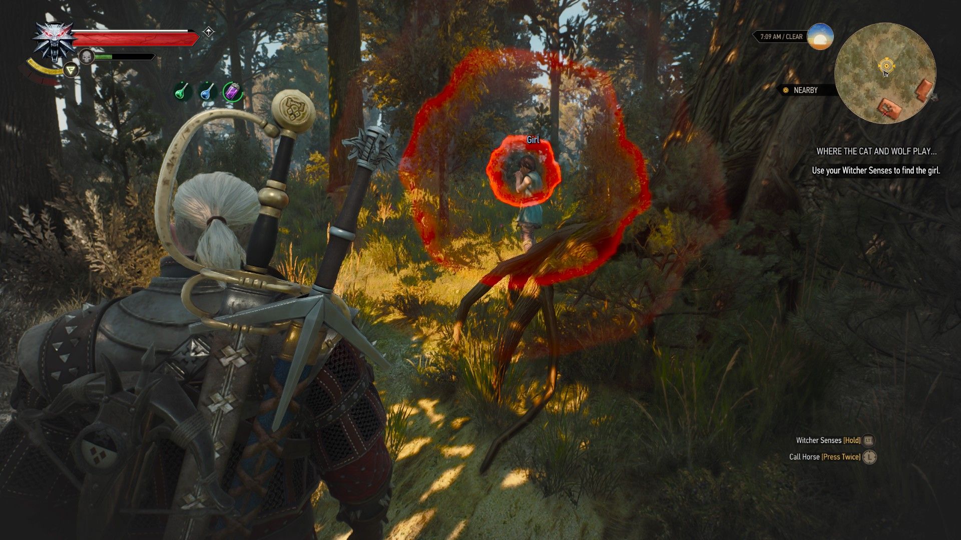 A screenshot of Geralt&rsquo;s enhanced hearing guiding him to a girl hiding behind a tree.