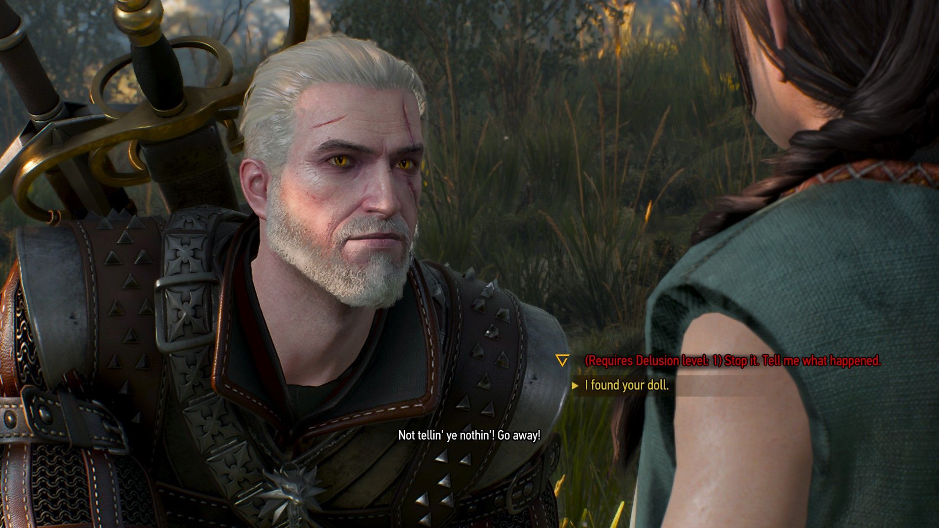 A screenshot of The Witcher 3&rsquo;s dialogue menu with two options for Geralt to select.