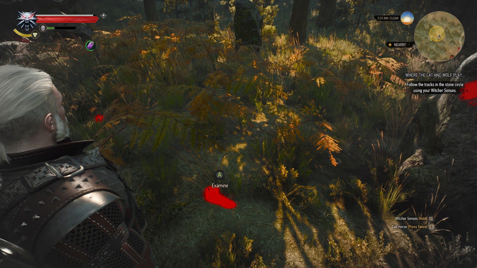 A screenshot of Geralt&rsquo;s Witcher Senses highlighting a set of footprints in red.