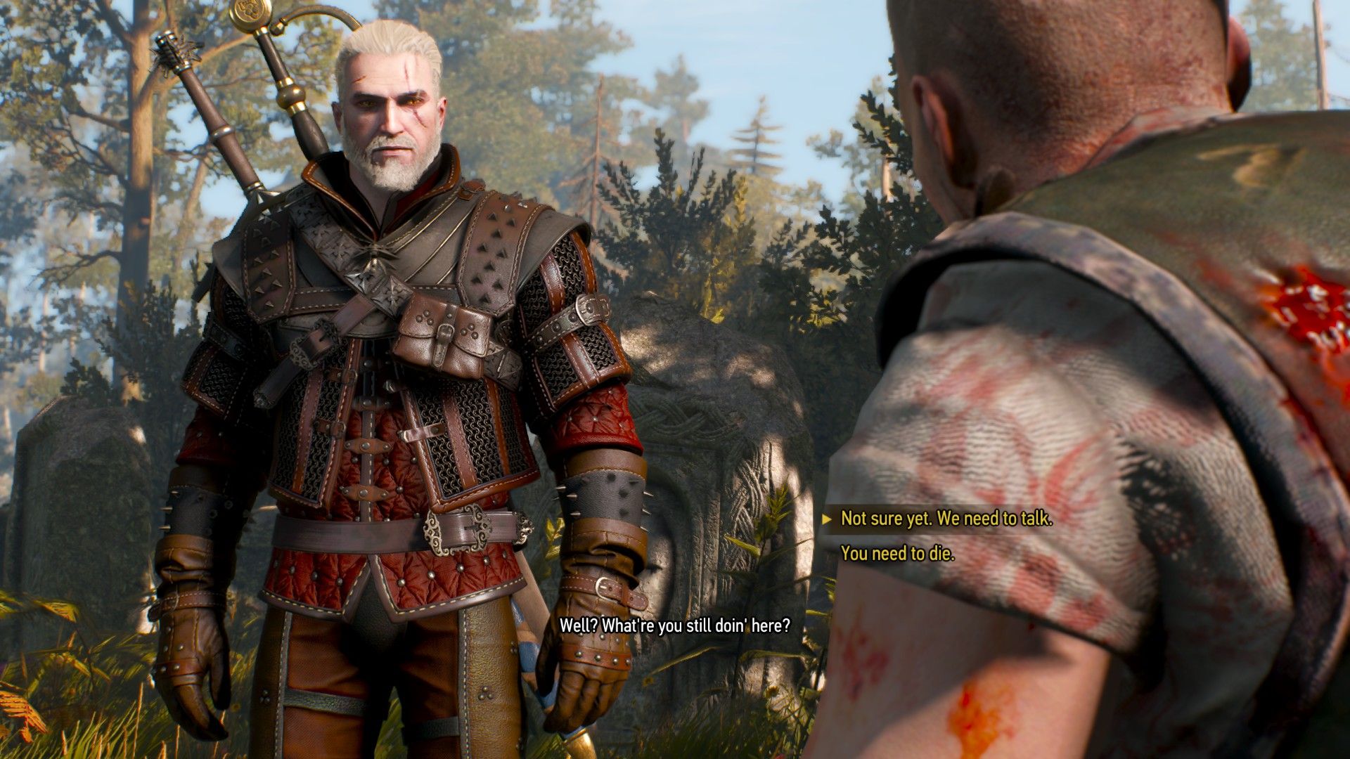 A screenshot of Geralt talking to another witcher with dialogue options visible.