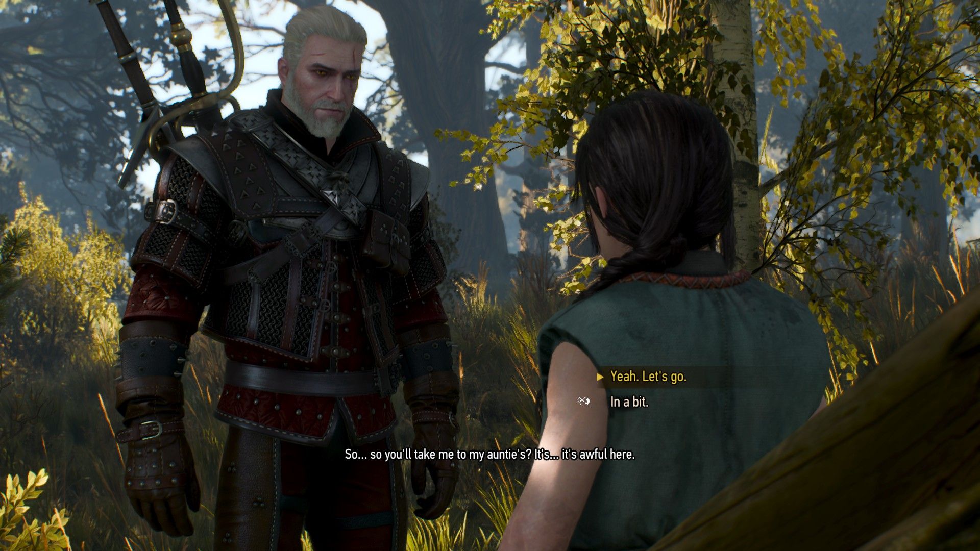 A screenshot of Geralt talking to a girl in the woods of Velen.