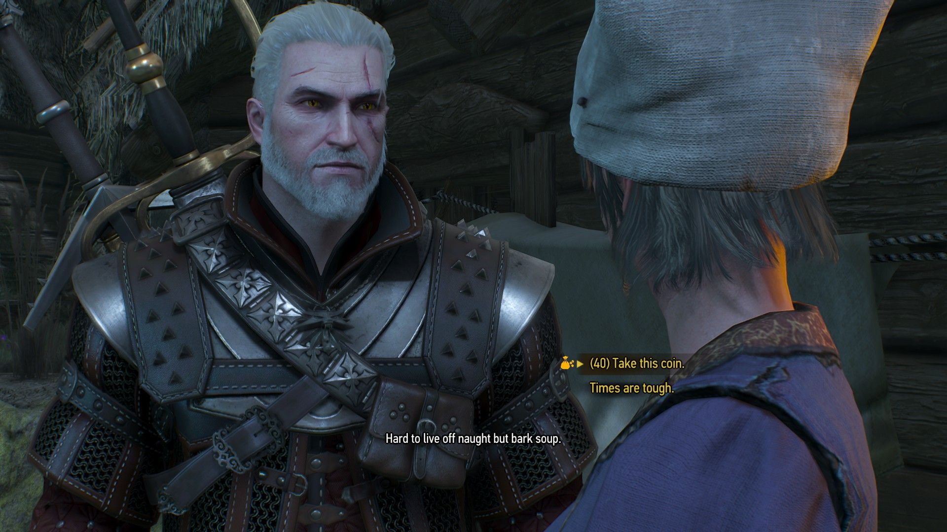 A screenshot of The Witcher 3 with the choice to provide 40 crowns to a woman.