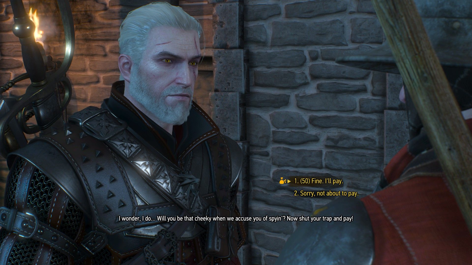 A screenshot of The Witcher 3&rsquo;s dialogue menu with Geralt being faced with two choices.