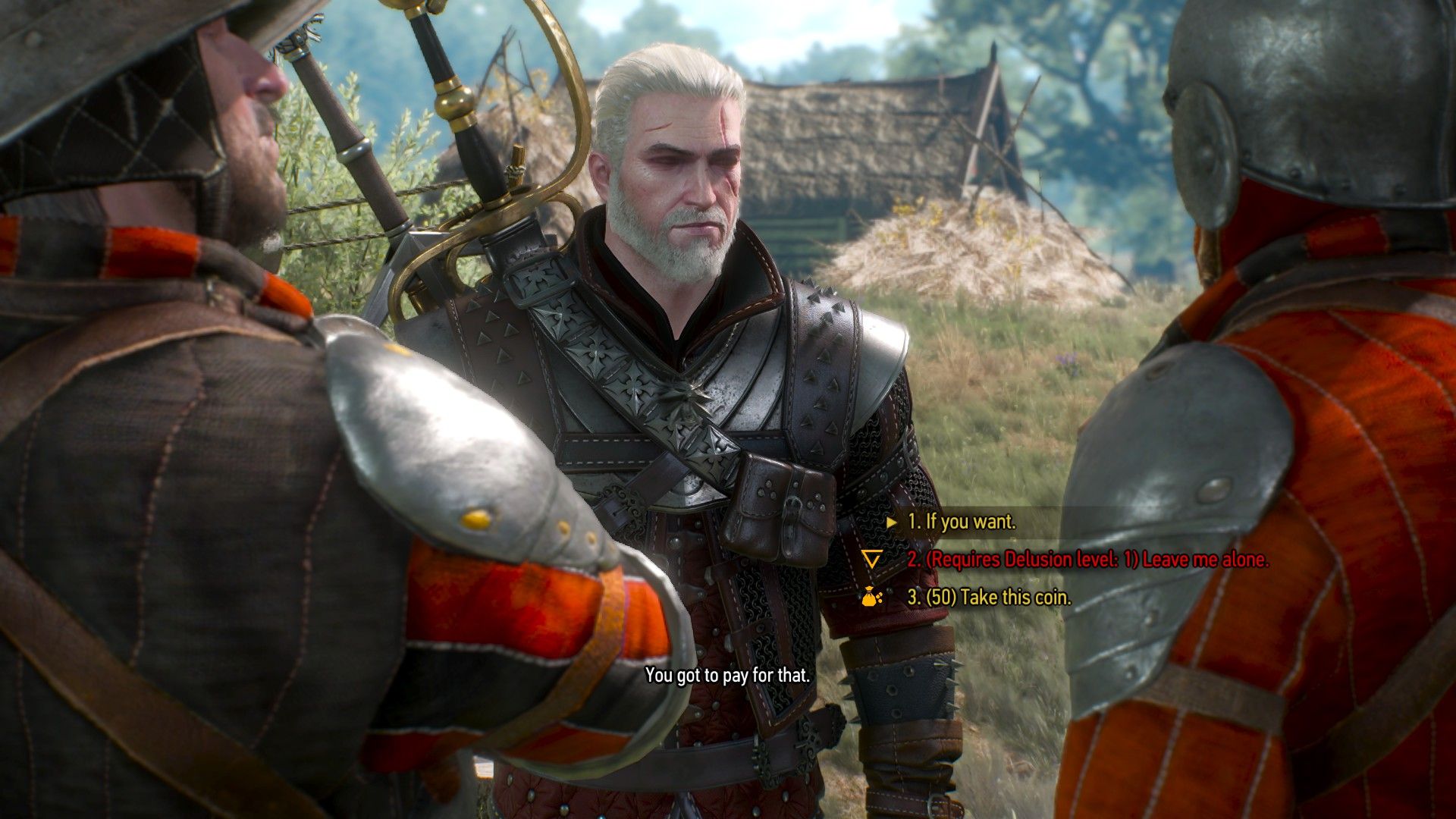 A screenshot of The witcher 3&rsquo;s dialogue menu with three choices.