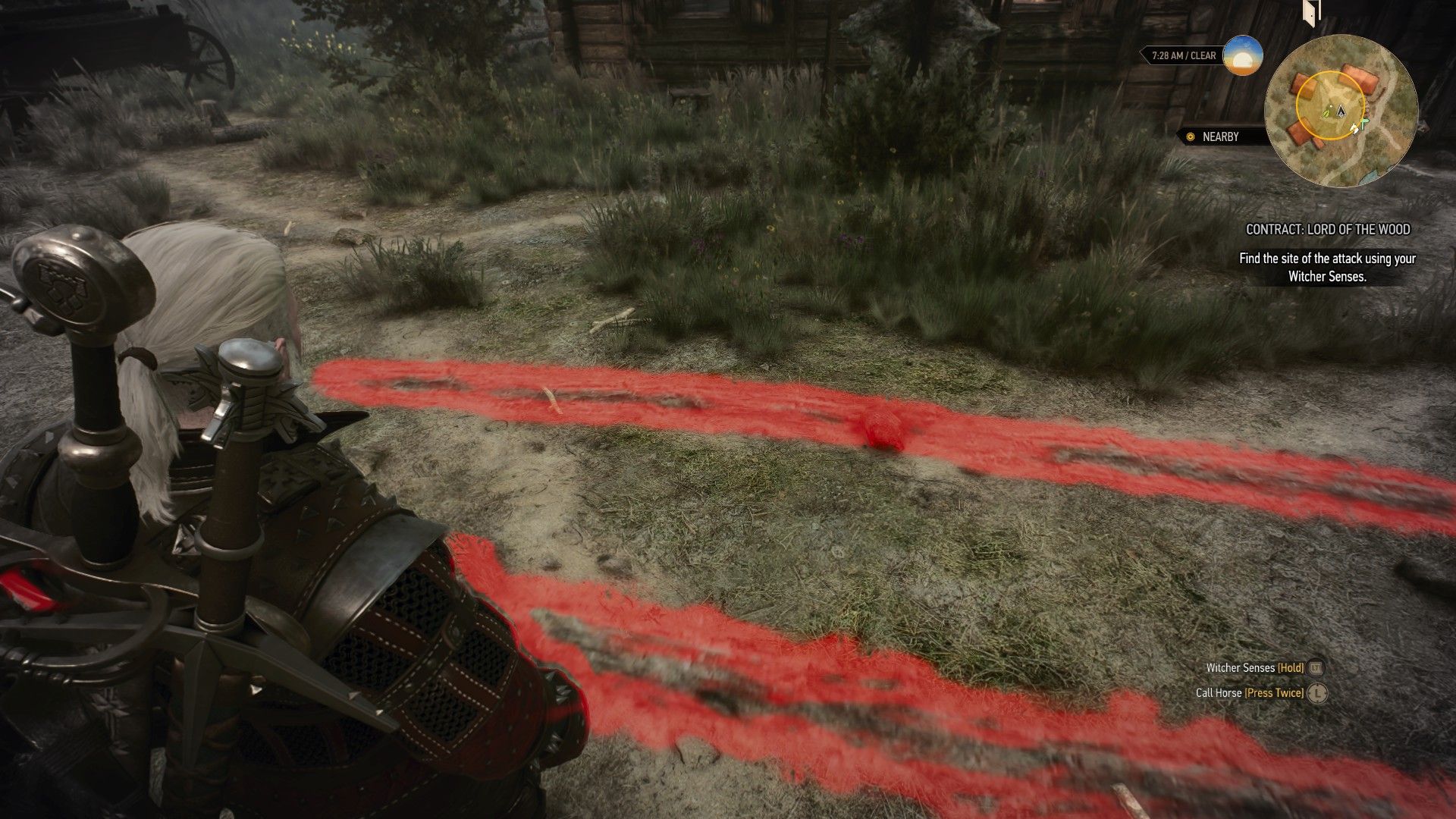 A screenshot of Geralt&rsquo;s Witcher Senses highlighting a set of tracks in red.