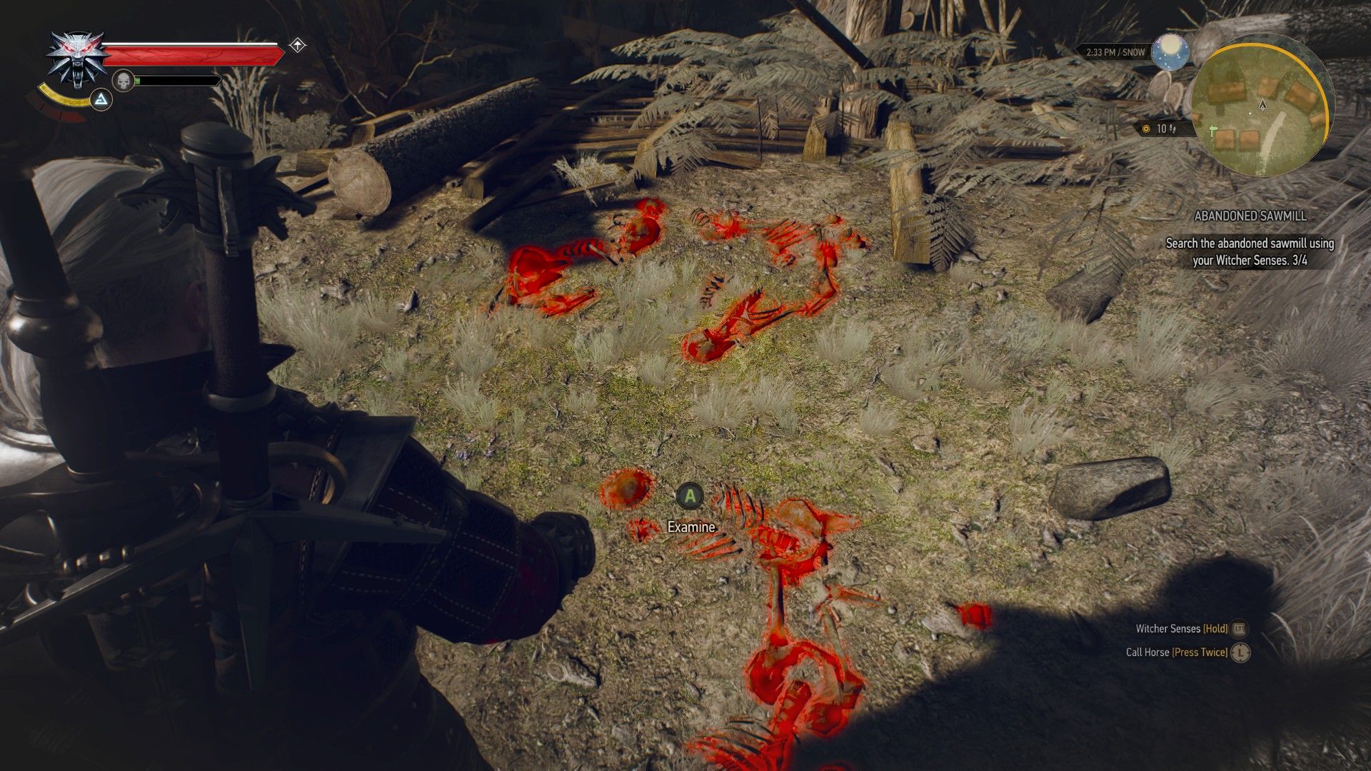 A screenshot of Geralt&rsquo;s Witcher Senses highlighting a set of bones in the ground.