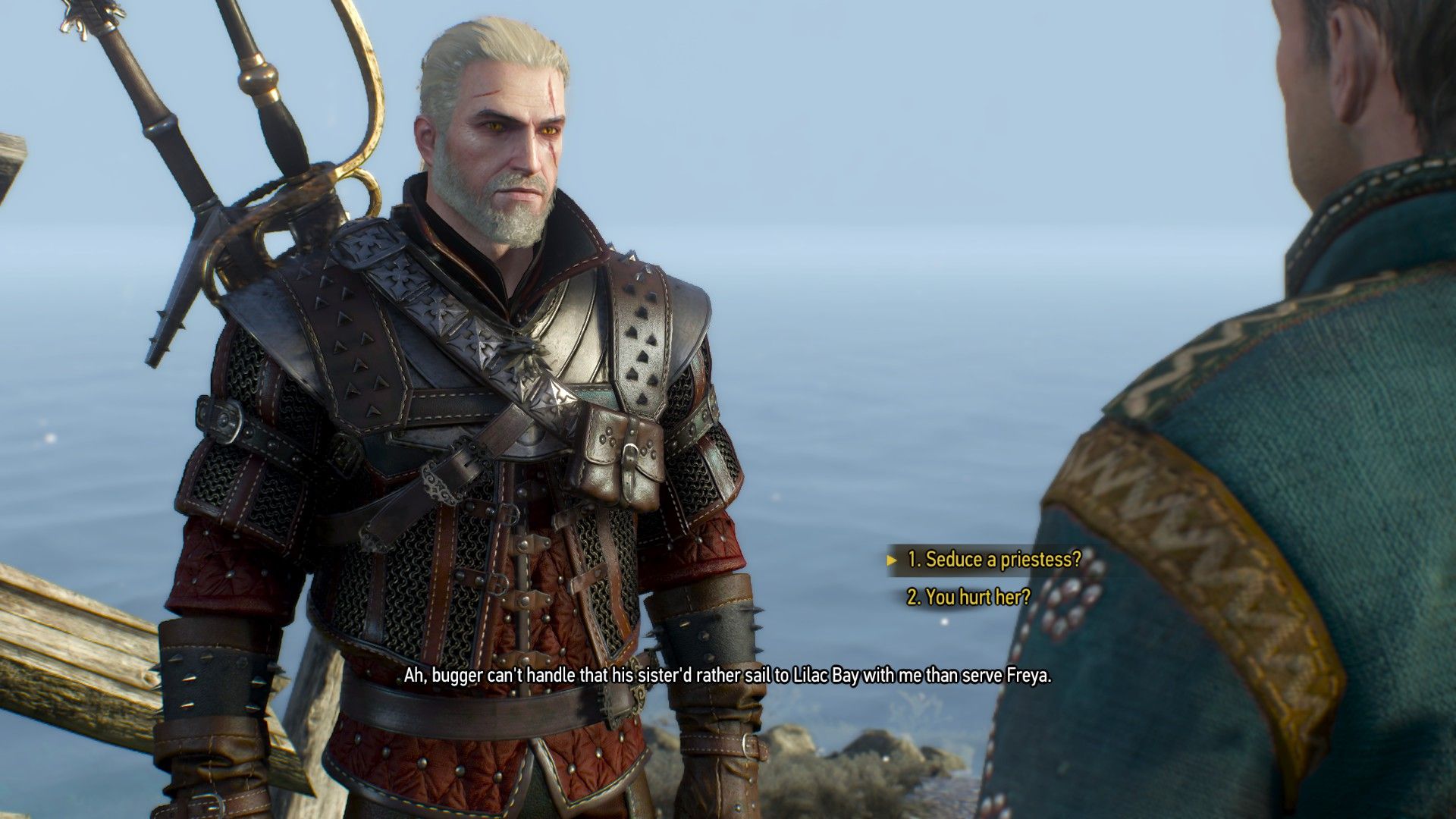 A screenshot of Geralt talking to a man in Skellige with two dialogue options visible.