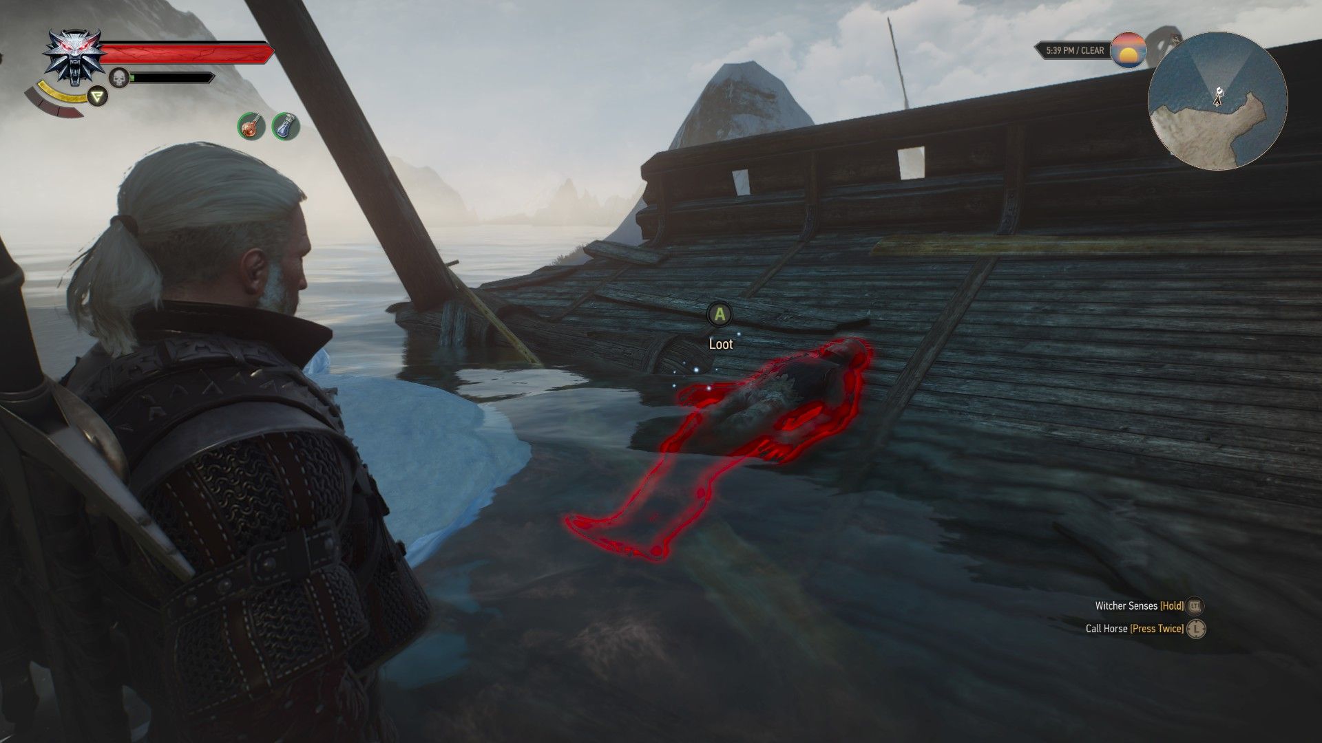 A screenshot of Geralt&rsquo;s Witcher Senses highlighting a corpse in red.