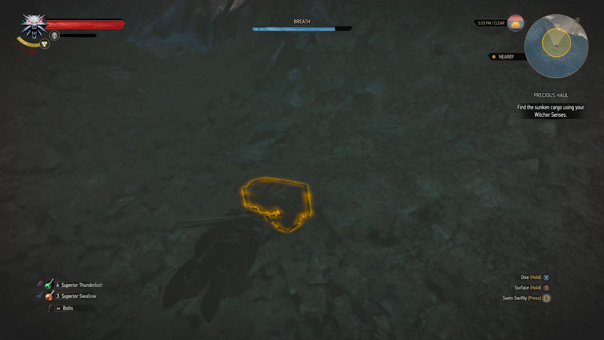 A screenshot of Geralt swimming towards a sunken chest in The Witcher 3.