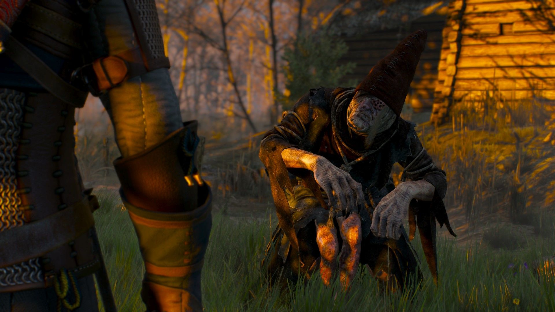 Geralt approaches a hideous creature in the swamps of Velen.