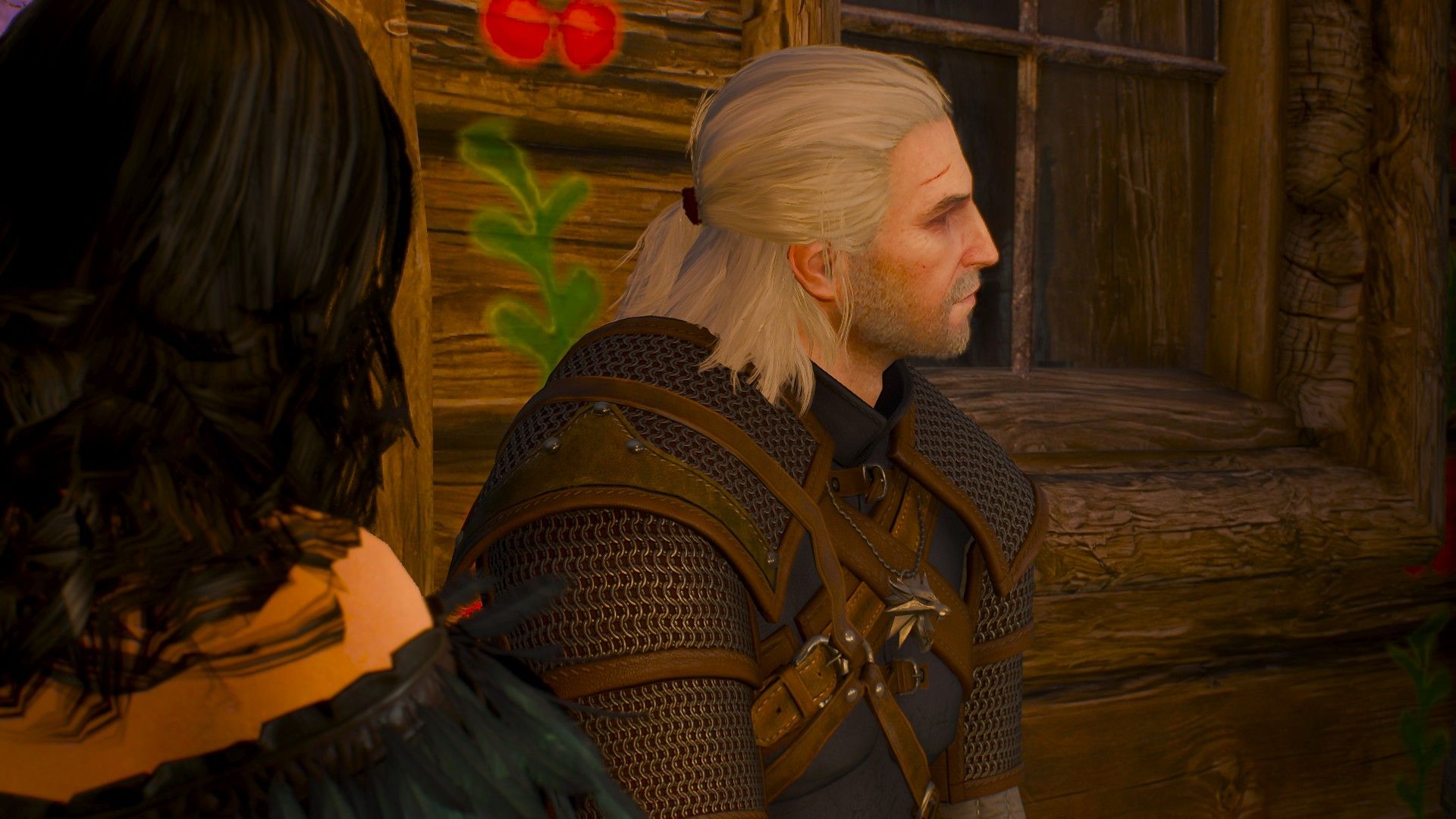 Geralt relaxes in an inn next to Yennefer during the winter.