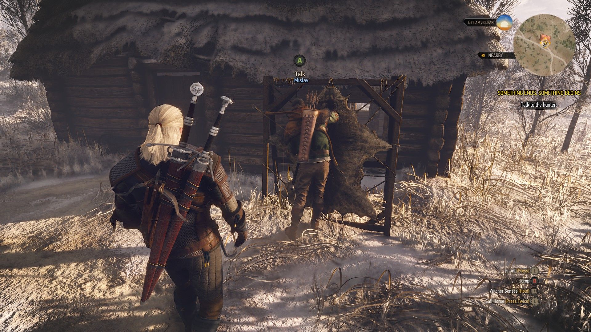 A screenshot of Geralt standing outside a hut in the snow of Velen.