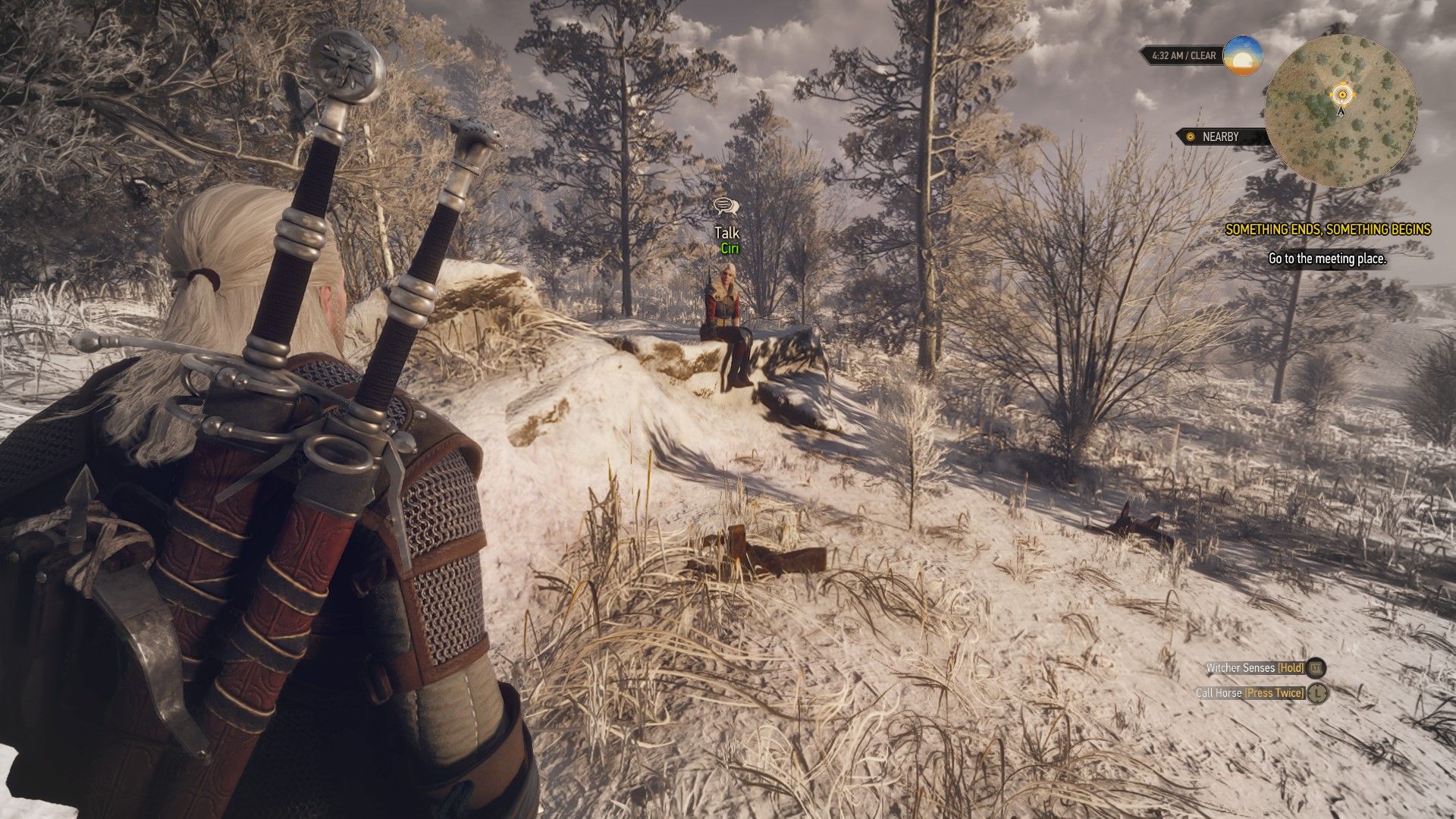 A screenshot of Geralt standing in front of Ciri in the winter in Velen.