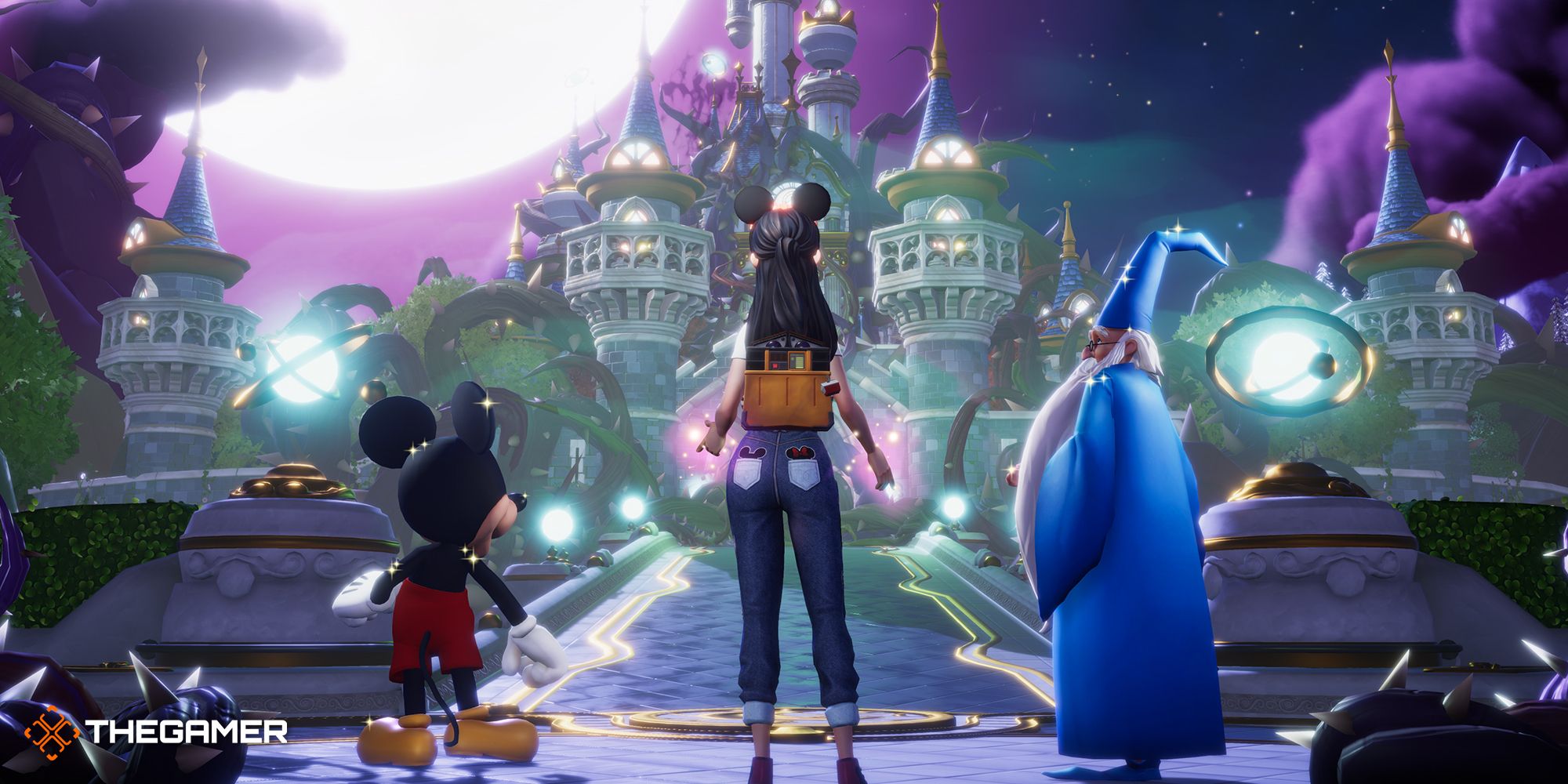 Image showing Mickey Mouse, a player character, and Merlin in Disney Dreamlight Valley.