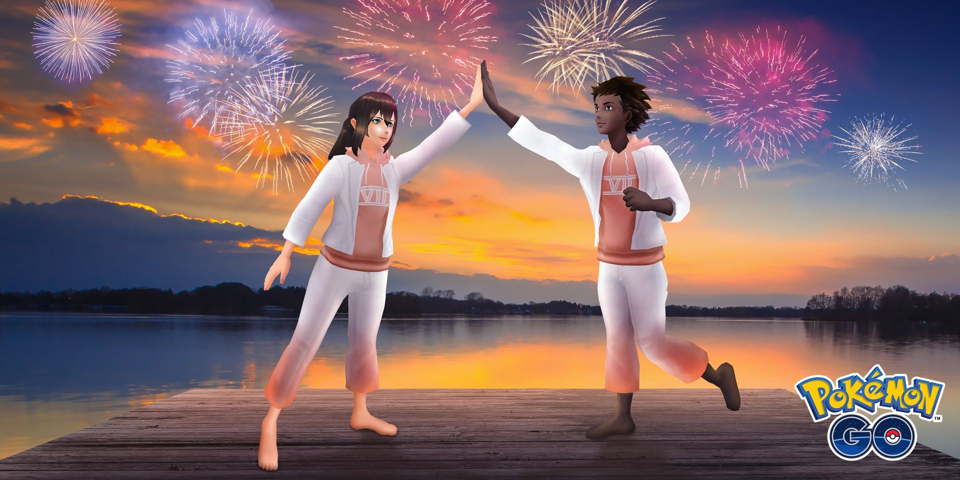 Two Pokemon Go Avatars high-fiving and wearing 7th Anniversary avatar items