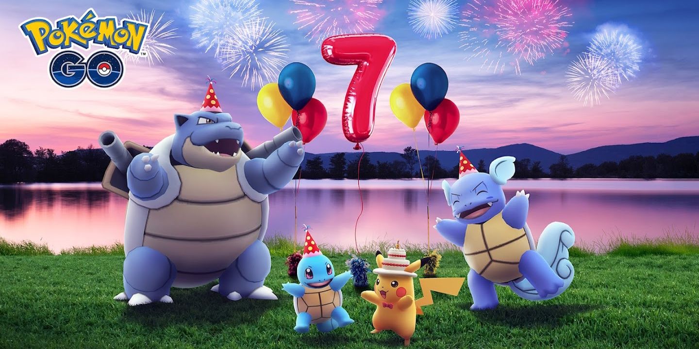 Blastoise, Squirtle, Pikachu, and Wartortle with party hats on with a "7" balloon above