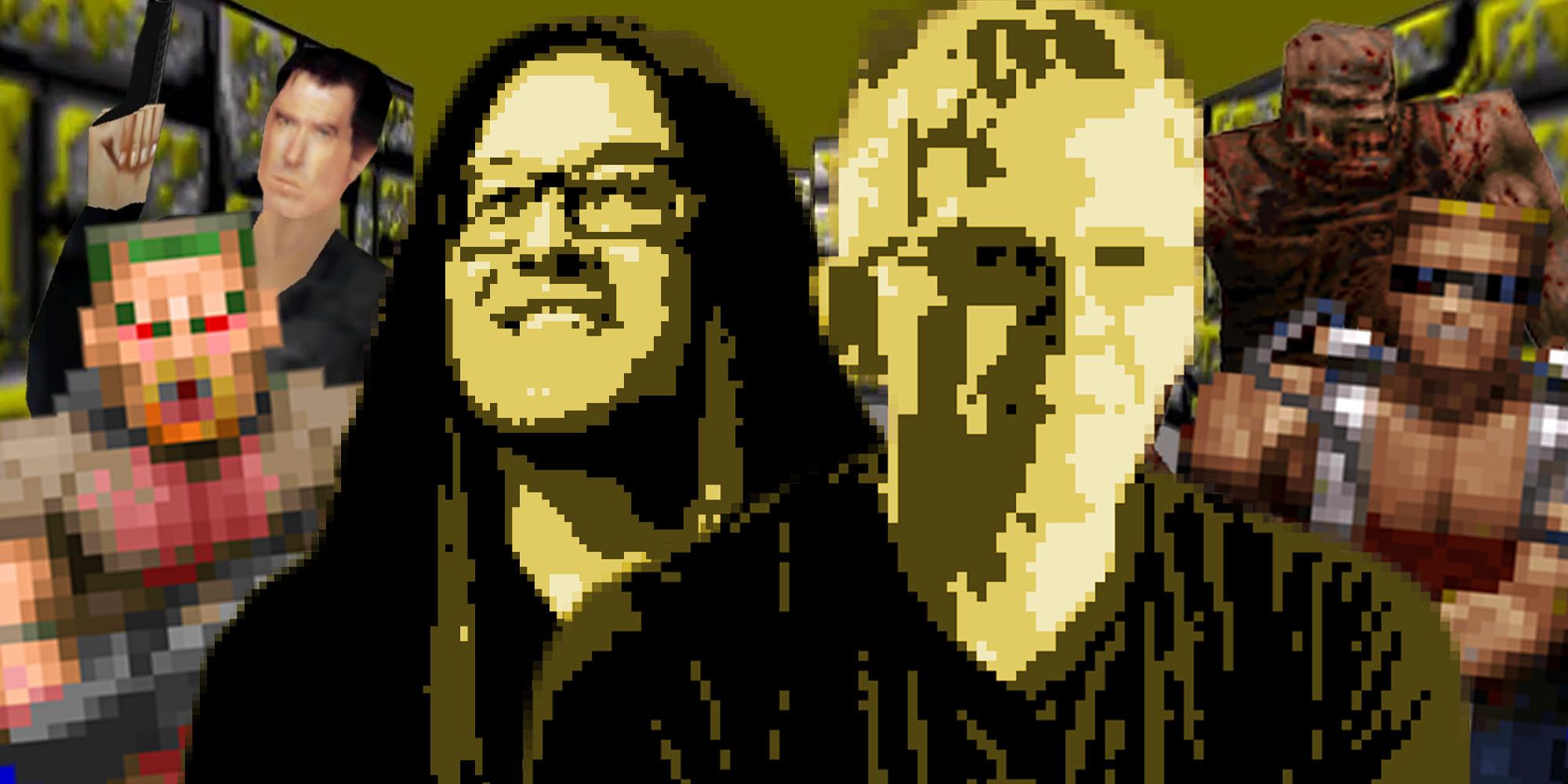 Pixellated John Romero and John Carmack surrounded by characters from 90s shooters