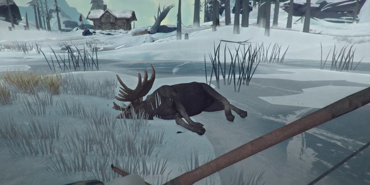 A moose near the broken railroad in The Long Dark