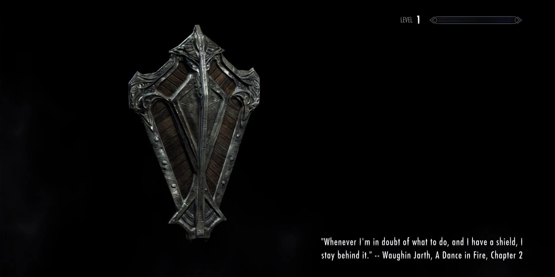 A shield in a loading screen with the quote "Whenever I'm in doubt of what to do, and I have a shield, I stay behind it."