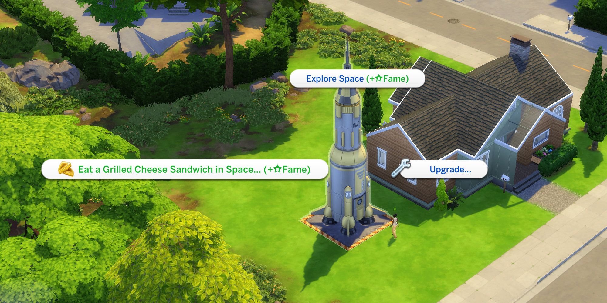 A shot from The Sims 4 gameplay showing a menu from selecting a rocket shit, with the special %22Eat a Grilled Cheese Sandwhich in Space%22 option