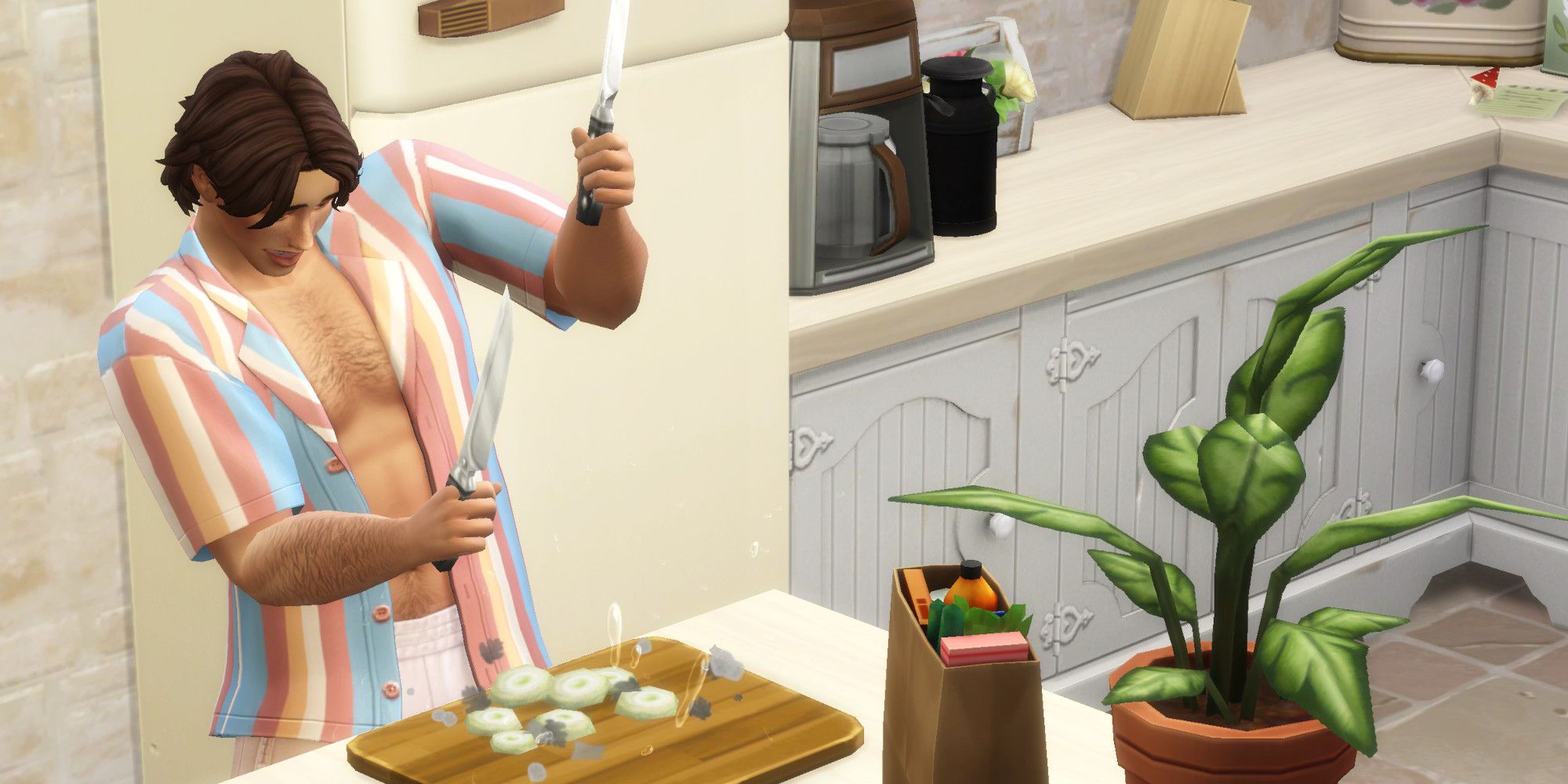 A Sim from The Sims 4 cooks a meal, holding the knives with great skill