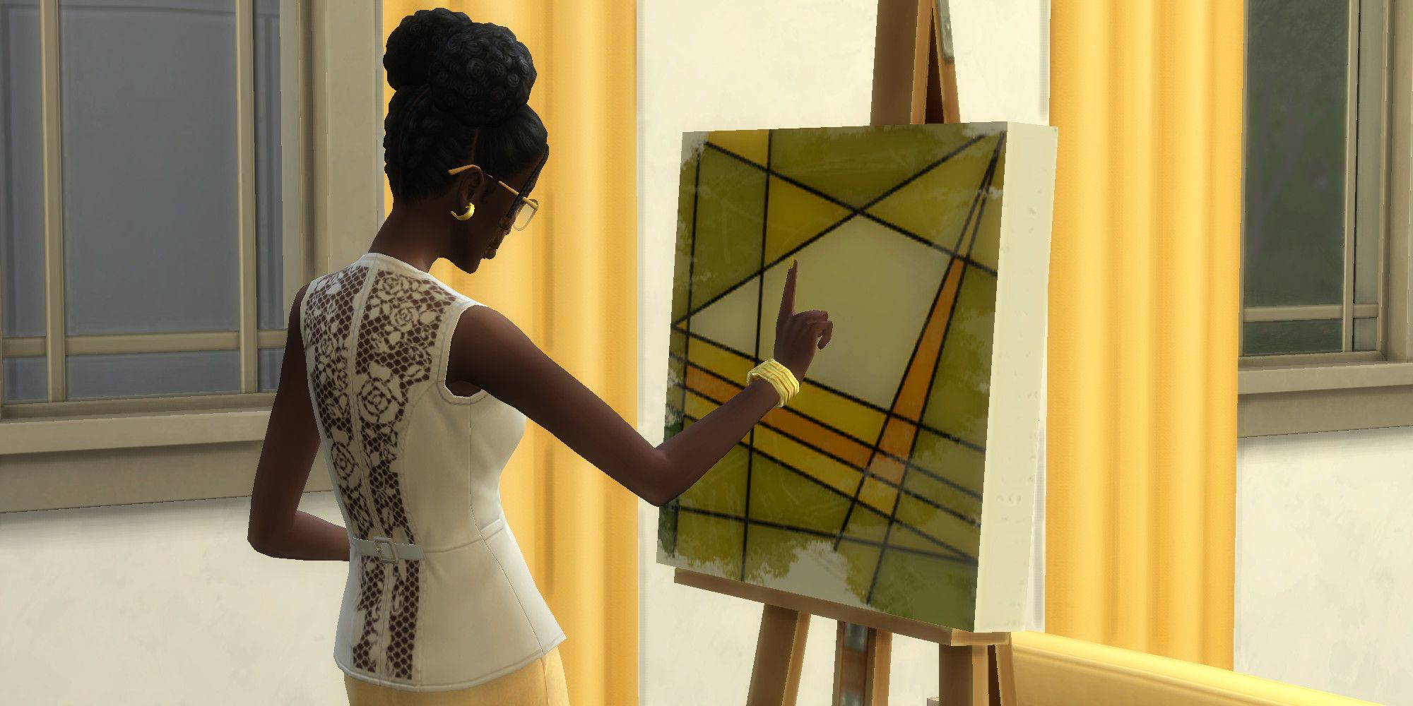 Një Sim nga Sims 4 duke krijuar një pikturë të veçantë me temë djathi i pjekur në skarë