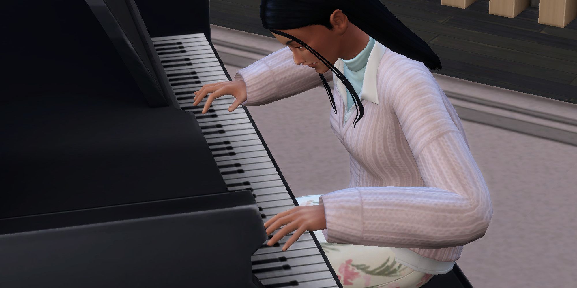 A Sim from The Sims 4 playing the piano